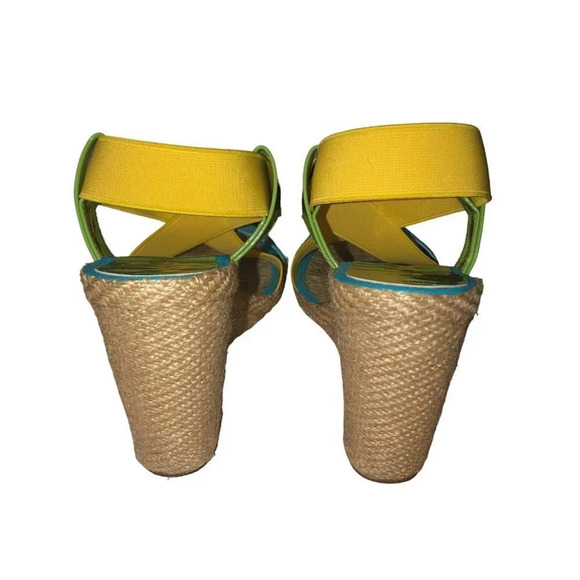 Lauren Ralph Lauren Sz 9 Womens Lemon Turq. Green Strappy Elastic Wedge Sandals - Picture 5 of 8